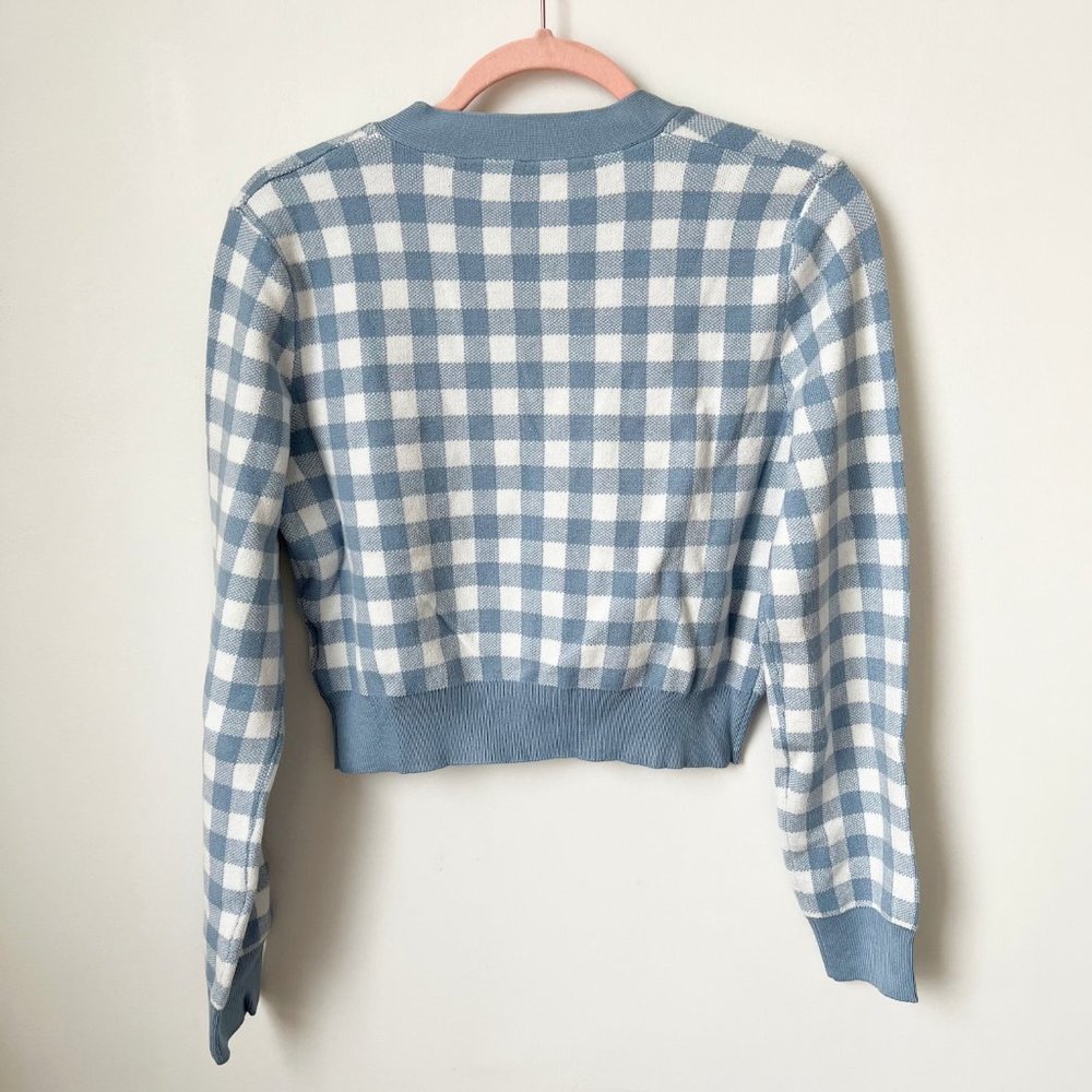 SHEIN Gingham Pattern Button Front Crop Cardigan Blue - Picture 2 of 5